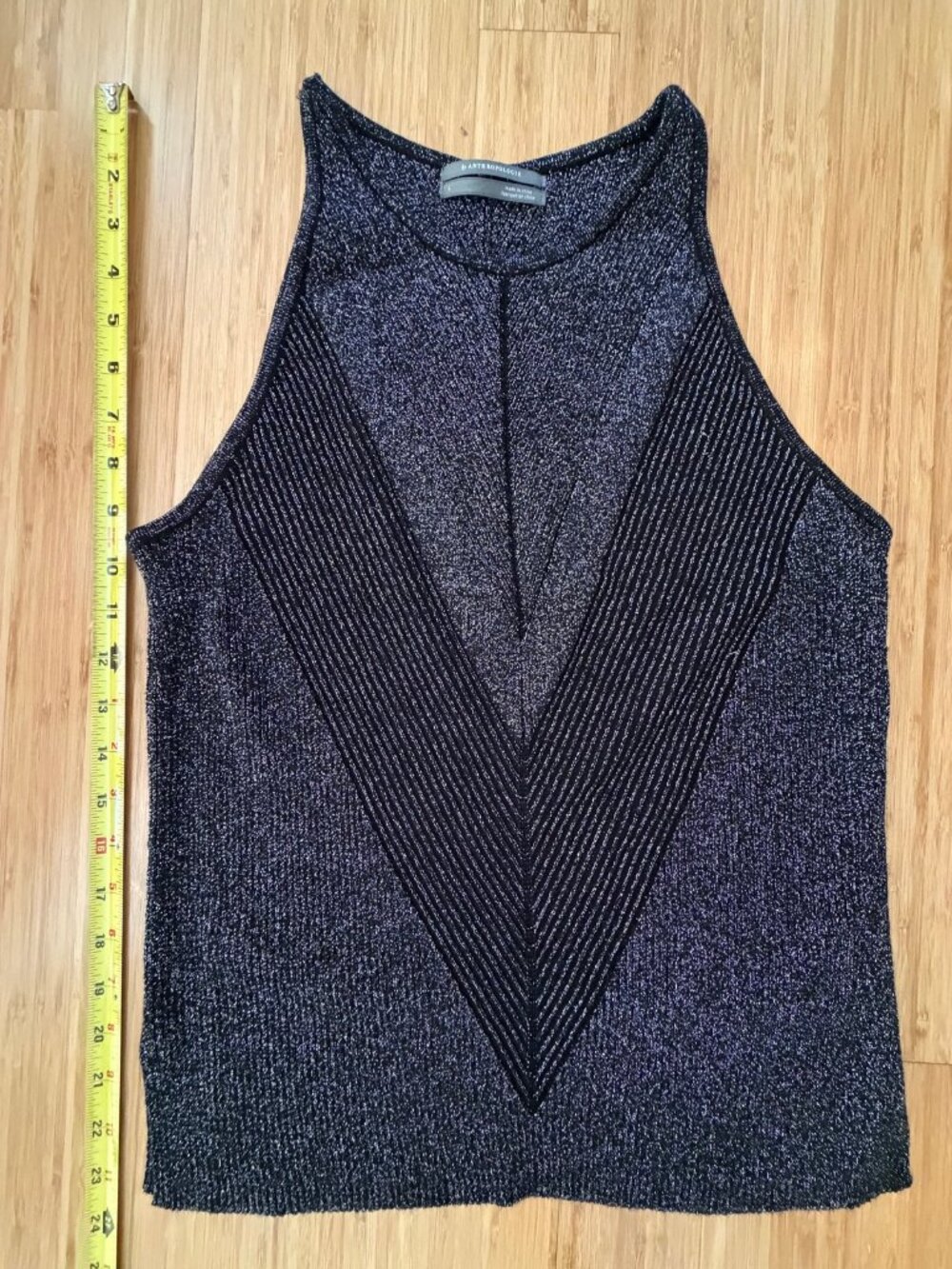Anthropologie Metallic Black Silver Knit Sweater Vest Sleeveless Top Women's L